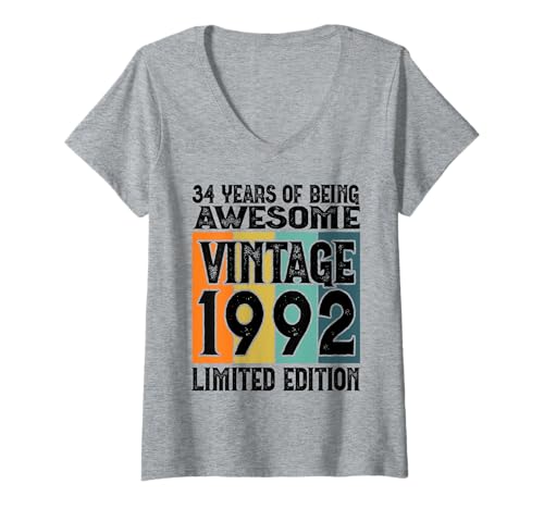 Damen Legendär seit 1992 Limited Edition 34 Geburtstag T-Shirt mit V-Ausschnitt von Kattos - Birthday Vintage Born 1992 Version 2026