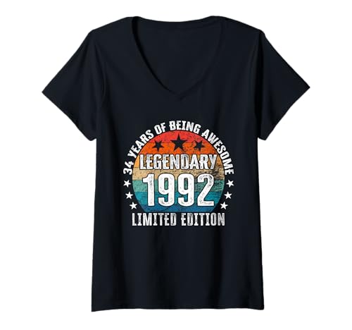 Damen Legendär seit 1992 Limited Edition 34 Geburtstag T-Shirt mit V-Ausschnitt Damen Legendär seit 1992 Limited Edition 34 Geburtstag T-Shirt mit V-Ausschnitt von Kattos - Birthday Vintage Born 1992 Version 2026