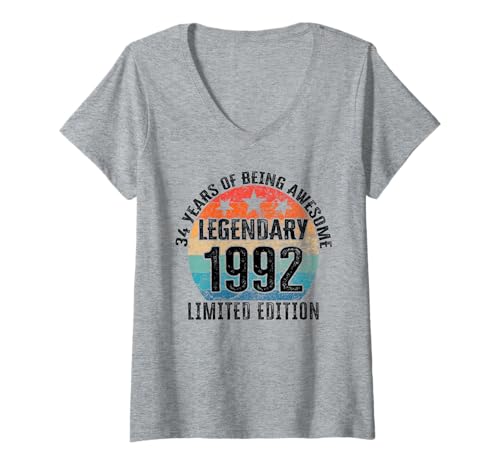 Damen Legendär seit 1992 Limited Edition 34 Geburtstag T-Shirt mit V-Ausschnitt von Kattos - Birthday Vintage Born 1992 Version 2026