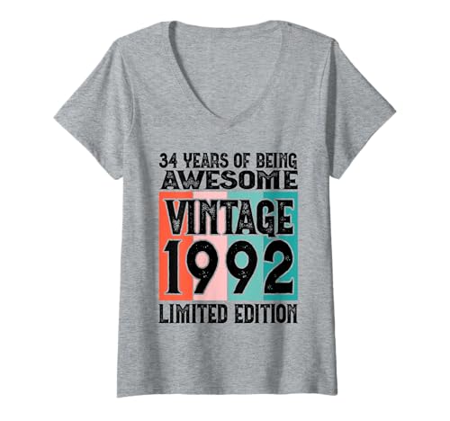 Damen Legendär seit 1992 Limited Edition 34 Geburtstag T-Shirt mit V-Ausschnitt Damen Legendär seit 1992 Limited Edition 34 Geburtstag T-Shirt mit V-Ausschnitt von Kattos - Birthday Vintage Born 1992 Version 2026