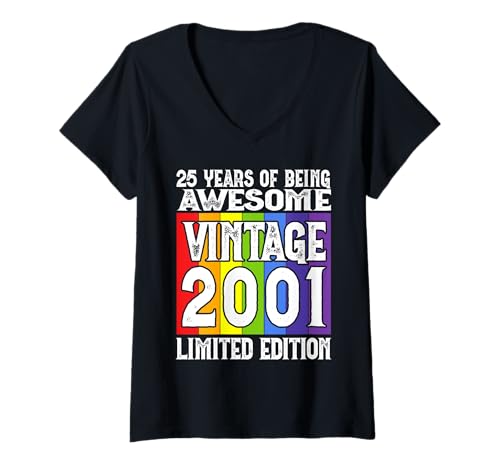Damen Legendär seit 2001 Limited Edition 25 Geburtstag T-Shirt mit V-Ausschnitt von Kattos - Birthday Vintage Born 2002 Version 2026