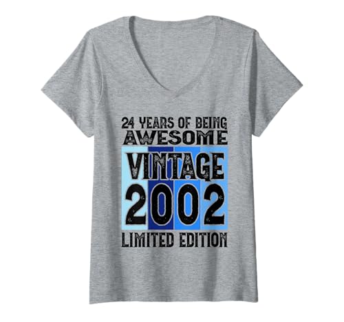 Damen Legendär seit 2002 Limited Edition 24 Geburtstag T-Shirt mit V-Ausschnitt von Kattos - Birthday Vintage Born 2002 Version 2026