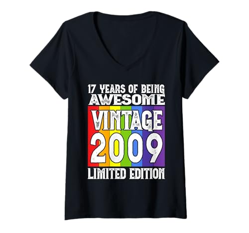 Damen Legendär seit 2009 Limited Edition 17 Geburtstag T-Shirt mit V-Ausschnitt von Kattos - Birthday Vintage Born 2009 Version 2026