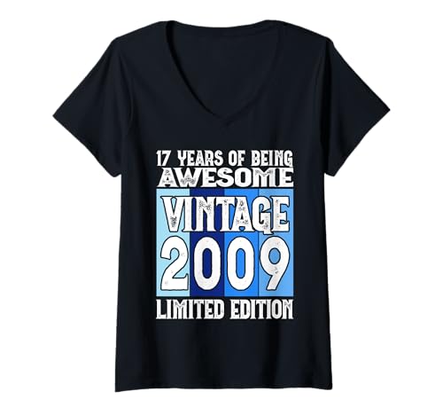 Damen Legendär seit 2009 Limited Edition 17 Geburtstag T-Shirt mit V-Ausschnitt von Kattos - Birthday Vintage Born 2009 Version 2026