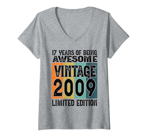 Damen Legendär seit 2009 Limited Edition 17 Geburtstag T-Shirt mit V-Ausschnitt von Kattos - Birthday Vintage Born 2009 Version 2026