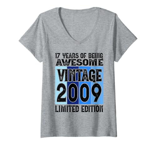 Damen Legendär seit 2009 Limited Edition 17 Geburtstag T-Shirt mit V-Ausschnitt von Kattos - Birthday Vintage Born 2009 Version 2026