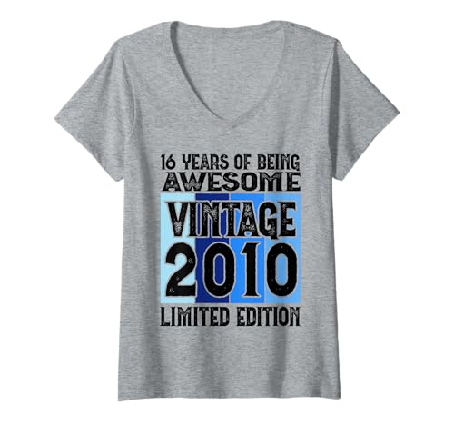 Damen Legendär seit 2010 Limited Edition 16 Geburtstag T-Shirt mit V-Ausschnitt von Kattos - Birthday Vintage Born 2010 Version 2026