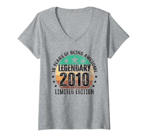 Damen Legendär seit 2010 Limited Edition 16 Geburtstag T-Shirt mit V-Ausschnitt von Kattos - Birthday Vintage Born 2010 Version 2026