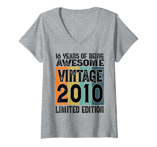Damen Legendär seit 2010 Limited Edition 16 Geburtstag T-Shirt mit V-Ausschnitt von Kattos - Birthday Vintage Born 2010 Version 2026