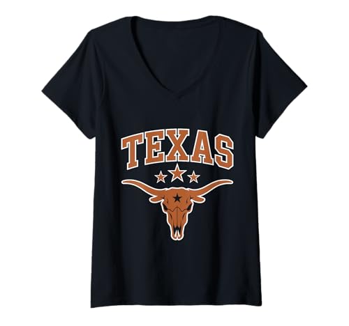 Damen Texas Cowboy Skull Western Rodeo Cowboy T-Shirt mit V-Ausschnitt Damen Texas Cowboy Skull Western Rodeo Cowboy T-Shirt mit V-Ausschnitt von Kattos - Texas Since 1845