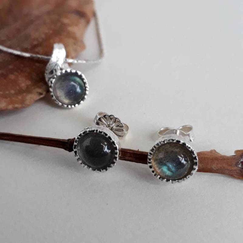 Labradorit Sterling Silber Schmuck Set Blatt Halskette & Ohrringe von Kattyoosh