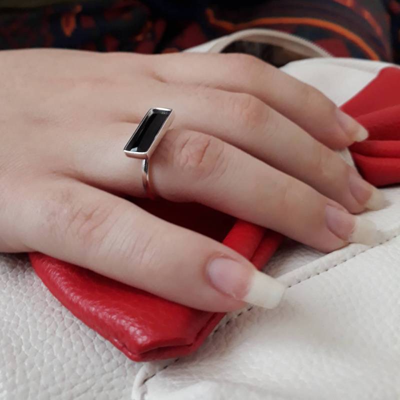 Schwarzer Onyx Rechteck Ring 925 Sterling Silber Edelstein von Kattyoosh