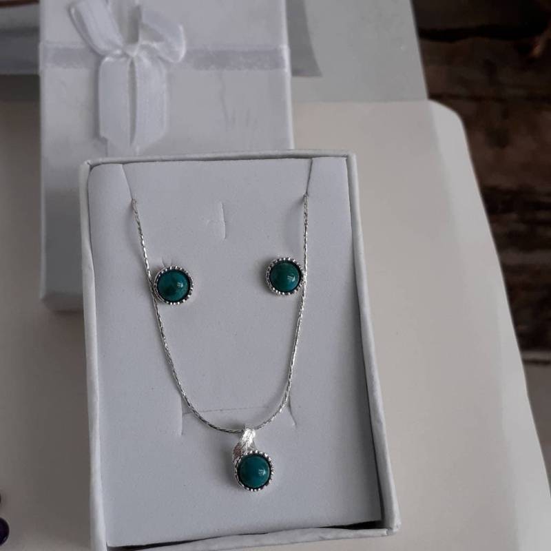 sterling Silber Türkis Schmuck Set Blatt Halskette & Ohrringe von Kattyoosh