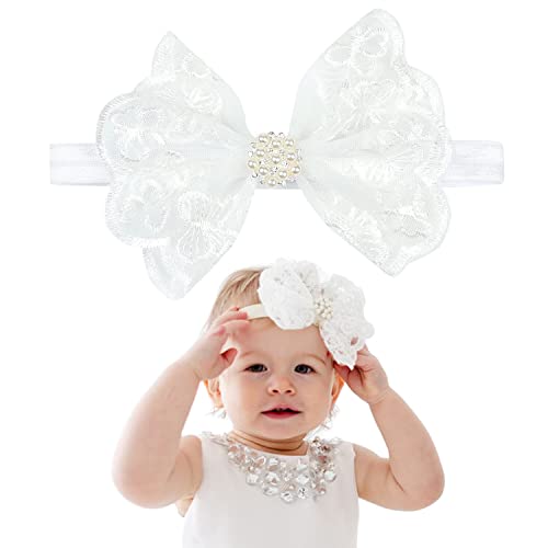 Baby Haarband, Baby Mädchen Stirnband Weiß Spitzebowknot-Haarband, Weiche Neugeborene Kleinkind Haarschleifen Haarschmuck für Baby Taufe Party Hochzeit Fotografie von Katutude