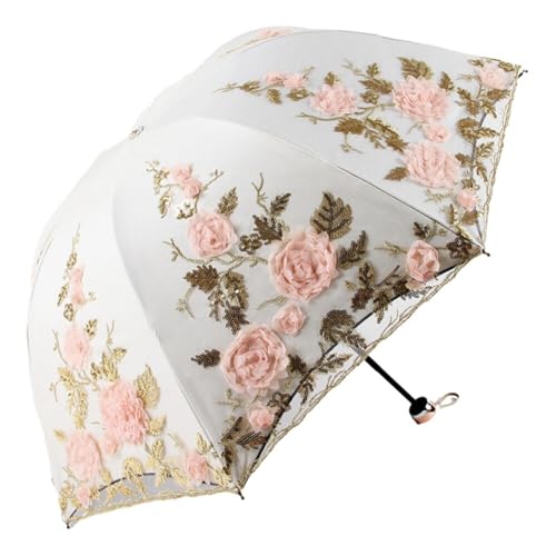 Katutude Brautschirm Anti-UV-Faltschirm 3D-Spitzenblume Vintage-Stickerei kompakter Reiseschirm Spitze Hochzeit Sonnenschirm tragbarer Faltschirm für Mädchen und Frauen von Katutude
