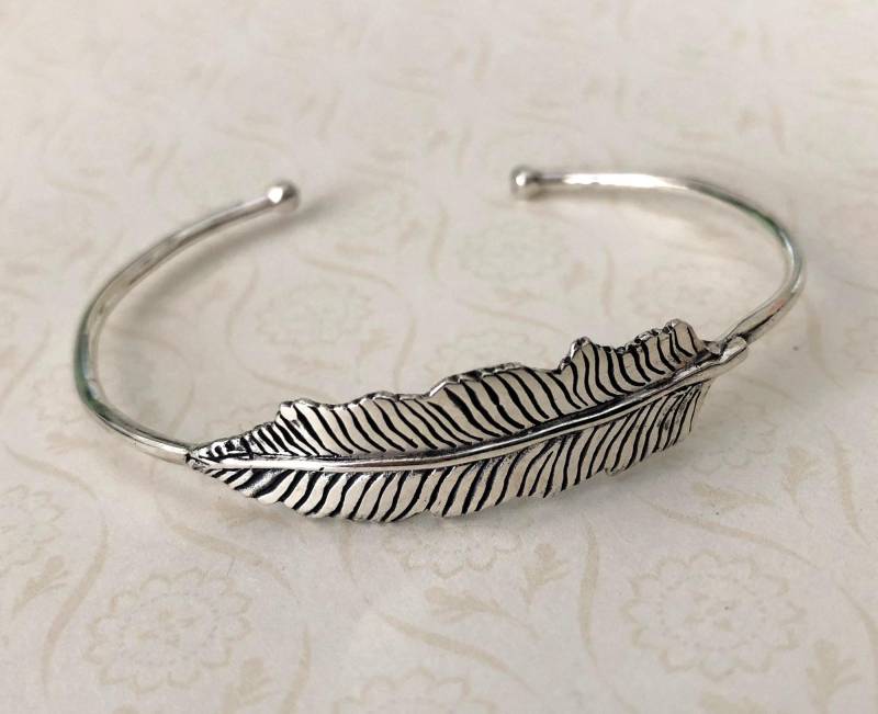 6, 5 "Feder Blatt Sterling Silber Manschette Armband, Verstellbar Passt Bis Größe 8, Handgemachte Massivem Offener Armreif Für Frauen von Katybeads