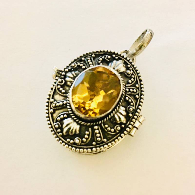 Gelb Citrin November Birthstone Oval Tropfen Medaillon Anhänger Bali Sterling Silber Andenken Kette Halskette Pl33 von Katybeads