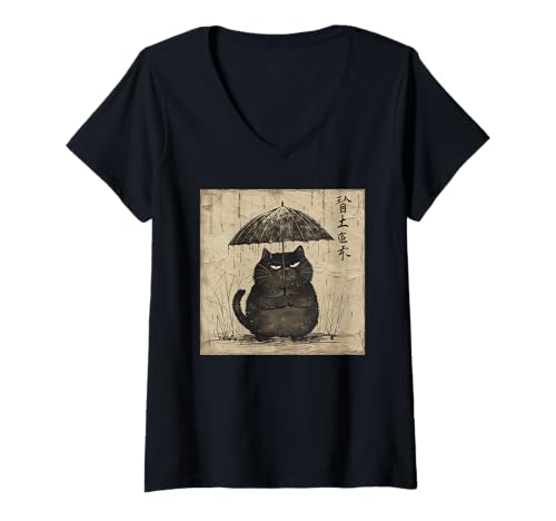Damen Katze mit Regenschirm, Vintage Japan T-Shirt mit V-Ausschnitt Damen Katze mit Regenschirm, Vintage Japan T-Shirt mit V-Ausschnitt von Katze, Japan, Kunst