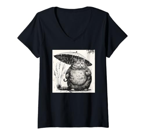 Damen Katze mit Regenschirm, Vintage Japan T-Shirt mit V-Ausschnitt Damen Katze mit Regenschirm, Vintage Japan T-Shirt mit V-Ausschnitt von Katze, Japan, Kunst