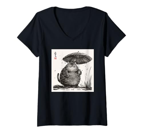 Damen Katze mit Regenschirm, Vintage Japan T-Shirt mit V-Ausschnitt Damen Katze mit Regenschirm, Vintage Japan T-Shirt mit V-Ausschnitt von Katze, Japan, Kunst