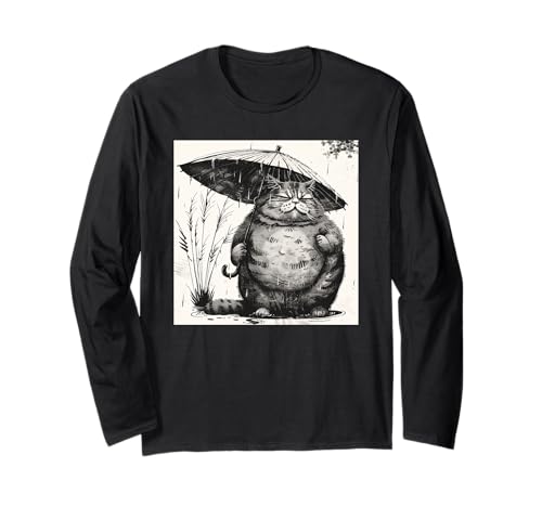 Katze mit Regenschirm, Vintage Japan Langarmshirt Katze mit Regenschirm, Vintage Japan Langarmshirt von Katze, Japan, Kunst