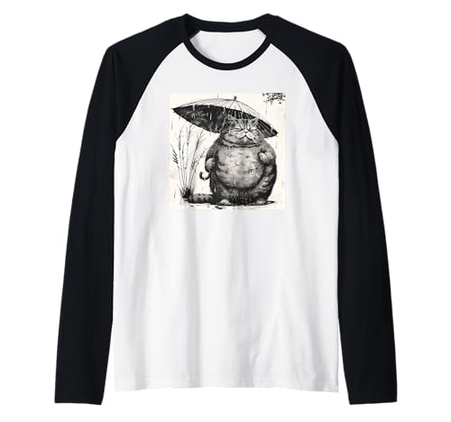 Katze mit Regenschirm, Vintage Japan Raglan Katze mit Regenschirm, Vintage Japan Raglan von Katze, Japan, Kunst