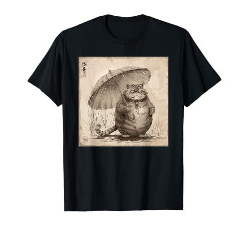Katze mit Regenschirm, Vintage Japan T-Shirt Katze mit Regenschirm, Vintage Japan T-Shirt von Katze, Japan, Kunst