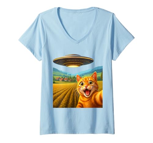 Damen Katze UFO Selfie bunt Alien Raumschiff T-Shirt mit V-Ausschnitt Damen Katze UFO Selfie bunt Alien Raumschiff T-Shirt mit V-Ausschnitt von Katze Alien Geschenkideen