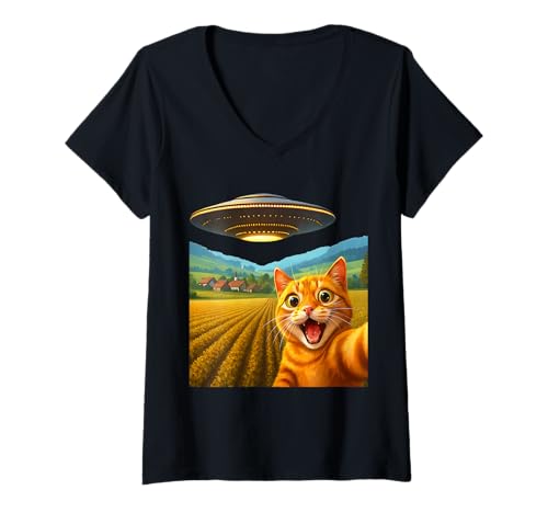 Damen Katze UFO Selfie bunt Alien Raumschiff T-Shirt mit V-Ausschnitt Damen Katze UFO Selfie bunt Alien Raumschiff T-Shirt mit V-Ausschnitt von Katze Alien Geschenkideen