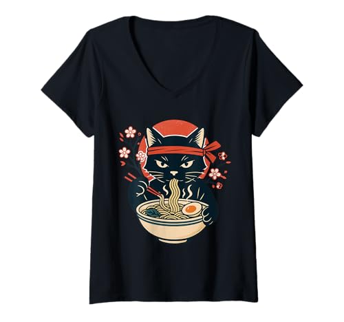 Damen Katze isst Ramen Japan Retro lustig T-Shirt mit V-Ausschnitt Damen Katze isst Ramen Japan Retro lustig T-Shirt mit V-Ausschnitt von Katze Anime Geschenkideen
