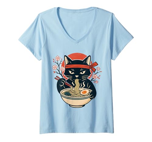 Damen Katze isst Ramen Japan Retro lustig T-Shirt mit V-Ausschnitt Damen Katze isst Ramen Japan Retro lustig T-Shirt mit V-Ausschnitt von Katze Anime Geschenkideen
