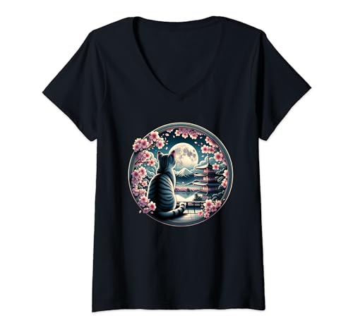 Damen Katze Anime Japanischer Tempel T-Shirt mit V-Ausschnitt Damen Katze Anime Japanischer Tempel T-Shirt mit V-Ausschnitt von Katze Anime Japanischer Tempel Geschenk