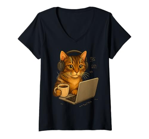 Damen Katze mit Kopfhörern und Kaffee, schreibt Code Geek Nerd DE T-Shirt mit V-Ausschnitt Damen Katze mit Kopfhörern und Kaffee, schreibt Code Geek Nerd DE T-Shirt mit V-Ausschnitt von Katze Code Kopfhörer Musik Laptop und Humor IT