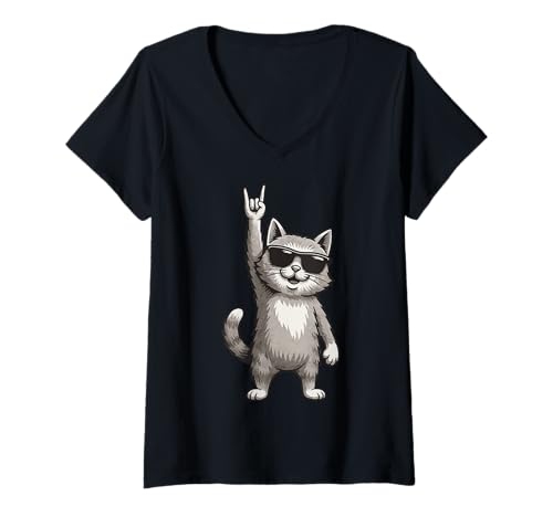Damen Coole Katze Rockmusik Sonnenbrille T-Shirt mit V-Ausschnitt Damen Coole Katze Rockmusik Sonnenbrille T-Shirt mit V-Ausschnitt von Katze Cool Musik Rocker