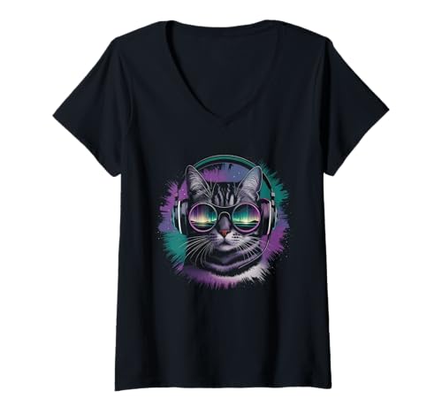 Damen Katze DJ Geschenk Cat Mit Kopfhörer Party Konzert Mädchen T-Shirt mit V-Ausschnitt Damen Katze DJ Geschenk Cat Mit Kopfhörer Party Konzert Mädchen T-Shirt mit V-Ausschnitt von Katze DJ Tshirt Herren Festival Party Frauen Cat