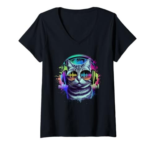 Damen Katze DJ Geschenk Cat Mit Kopfhörer Party Konzert Mädchen T-Shirt mit V-Ausschnitt Damen Katze DJ Geschenk Cat Mit Kopfhörer Party Konzert Mädchen T-Shirt mit V-Ausschnitt von Katze DJ Tshirt Herren Festival Party Frauen Cat