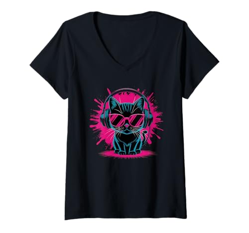 Damen Katze DJ Geschenk Cat Mit Kopfhörer Party Konzert Mädchen T-Shirt mit V-Ausschnitt Damen Katze DJ Geschenk Cat Mit Kopfhörer Party Konzert Mädchen T-Shirt mit V-Ausschnitt von Katze DJ Tshirt Herren Festival Party Frauen Cat
