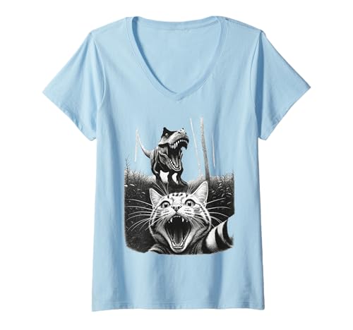 Damen Katze Selfie Dino T-Rex lustig T-Shirt mit V-Ausschnitt Damen Katze Selfie Dino T-Rex lustig T-Shirt mit V-Ausschnitt von Katze Dinosaurier Geschenkideen