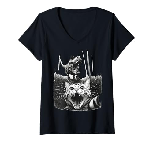 Damen Katze Selfie Dino T-Rex lustig T-Shirt mit V-Ausschnitt Damen Katze Selfie Dino T-Rex lustig T-Shirt mit V-Ausschnitt von Katze Dinosaurier Geschenkideen