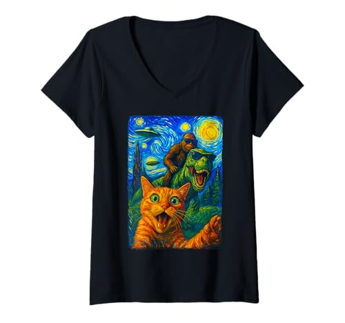 Damen Katze T Rex Bigfoot UFO Selfie T-Shirt mit V-Ausschnitt Damen Katze T Rex Bigfoot UFO Selfie T-Shirt mit V-Ausschnitt von Katze Dinosaurier T rex Bigfoot Ausländer Lustig