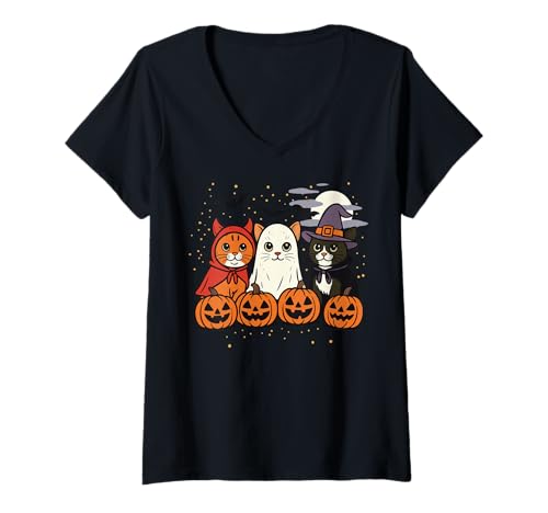 Damen Katze Halloween Kostüm T-Shirt mit V-Ausschnitt von Katze Halloween Kostüm Süß Gruselig