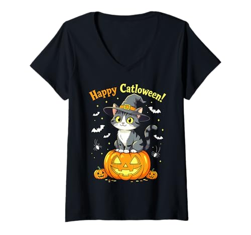 Damen Halloween Katze Kürbis Lustiges Happy Catloween Katzen T-Shirt mit V-Ausschnitt Damen Halloween Katze Kürbis Lustiges Happy Catloween Katzen T-Shirt mit V-Ausschnitt von Katze Happy Halloween Catloween 33