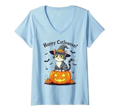 Damen Halloween Katze Kürbis Lustiges Happy Catloween Katzen T-Shirt mit V-Ausschnitt Damen Halloween Katze Kürbis Lustiges Happy Catloween Katzen T-Shirt mit V-Ausschnitt von Katze Happy Halloween Catloween 33