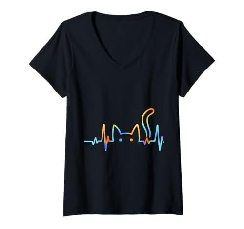 Damen Katze Herzschlag Linie Regenbogen süß T-Shirt mit V-Ausschnitt Damen Katze Herzschlag Linie Regenbogen süß T-Shirt mit V-Ausschnitt von Katze Herzschlag Geschenkideen