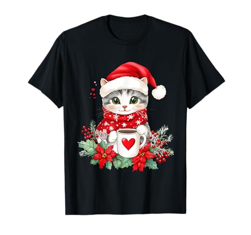 Katze Weihnachten Frauen Männer Kinder Weihnachten Katze T-Shirt Katze Weihnachten Frauen Männer Kinder Weihnachten Katze T-Shirt von Katze Kaffee Blumen Weihnachten Deko Damen Herren