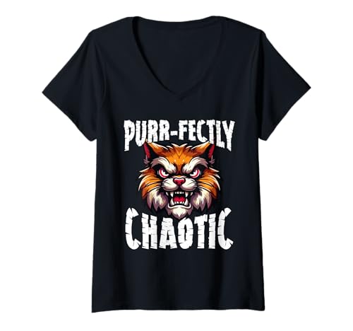 Damen Perfekt Chaotisch Lustiger Katzenhumor Wütend T-Shirt mit V-Ausschnitt von Katze Liebhaber Humor Perfekt Chaotisch Wütendes