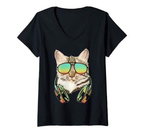 Damen DJ Katze Kopfhörer Kätzchen Musik T-Shirt mit V-Ausschnitt Damen DJ Katze Kopfhörer Kätzchen Musik T-Shirt mit V-Ausschnitt von Katze Musikliebhaber Katzen Musiker