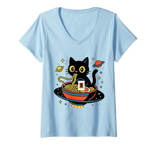 Damen Katze im Weltall Nudeln Astronaut Universum T-Shirt mit V-Ausschnitt Damen Katze im Weltall Nudeln Astronaut Universum T-Shirt mit V-Ausschnitt von Katze Nudeln Weltall Geschenkideen