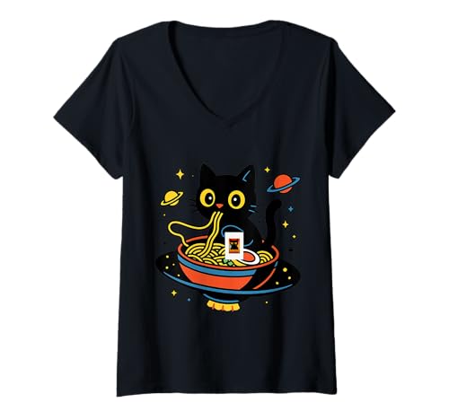Damen Katze im Weltall Nudeln Astronaut Universum T-Shirt mit V-Ausschnitt von Katze Nudeln Weltall Geschenkideen