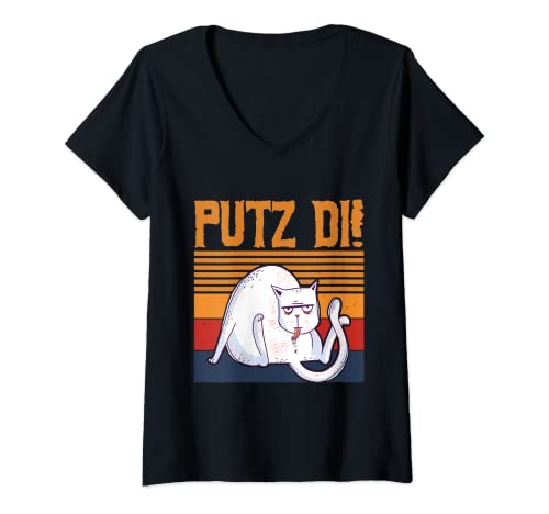 Damen Putz DI Dialekt Katzen lustige Katze für Katzenfreunde T-Shirt mit V-Ausschnitt Damen Putz DI Dialekt Katzen lustige Katze für Katzenfreunde T-Shirt mit V-Ausschnitt von Katze Putzen Kater Lustige Katze